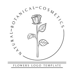 Hand drawn minimal logo of blooming flowers and leaves in line art. Bohemian floral vector illustration. Decorative botanique monogram composition for greeting card, wedding invitation