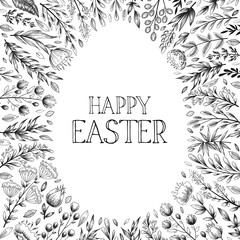 Happy Easter vector illustration with frame in egg shape from hand drawn flowers, herbs and lettering isolated on white background. Floral design for card, invitation, print