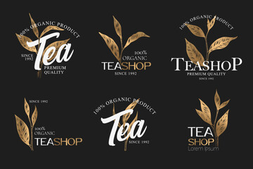 Tea hand drawn logos collection with golden tea branches and leaves isolated on black background. Natural organic food concept for label, emblem, packaging, branding