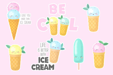 Vector illustration with cute colorful hand drawn cartoon ice creams and letterings collection isolated on pink background. Design for print, stickers, card, t-shirt