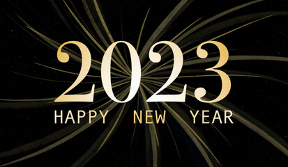Background with text happy new year 2023.
Christmas banner, bright Horizontal Christmas banners, cards, headers, websites. Gold glitter shadows with a black background.
