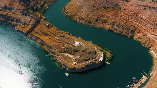 aerial footage of Rumkale Castle,  top view of old roman castle on midday boats and sightseen balcony toruistic attraction point 