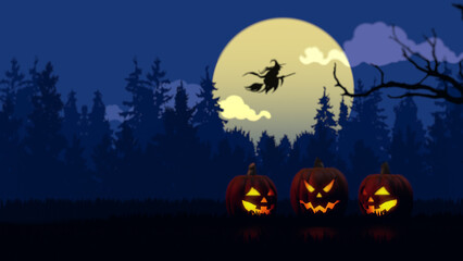 Fototapeta premium Halloween themed background with pumpkins and witch flying in the full moon sky 