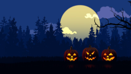 Halloween themed background with pumpkins and witch flying in the full moon sky	