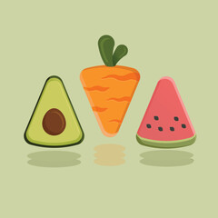 Illustration of fruit icon triangel, avocado, carrot and watermelon.
