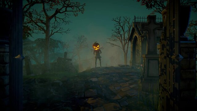 Halloween pumpkin head Jack lantern on the graveyard