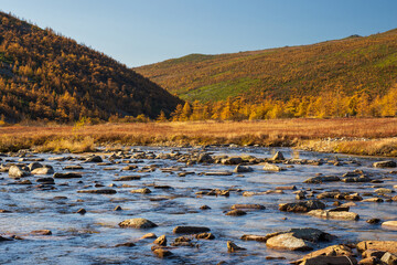 Autumn landscape. View of the river valley among the mountains. Stony shallow river against the backdrop of hills. Beautiful northern nature. Travel and hiking in the wild. Magadan region, Russia.