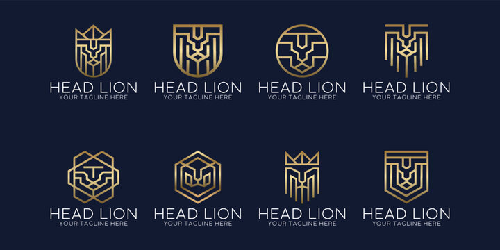 lion face logo design collection with line style, lion head logo