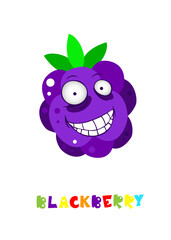 Cute fruit collection, one of them blackberry. Cartoon character for your food design. Healthy food concept. Vegan, vegetarian and diet, sport food. Smoothies and juices, jams.