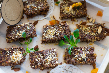 Beautifully arranged chocolate cakes and desserts