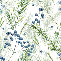 Naklejka premium Square seamless pattern with watercolor hand painted winter plants on white background. Christmas themed fir tree branches and berry tree twigs