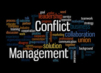 Word Cloud with CONFLICT MANAGEMENT concept, isolated on a black background