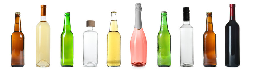 Set with bottles of different alcohol drinks on white background. Banner design