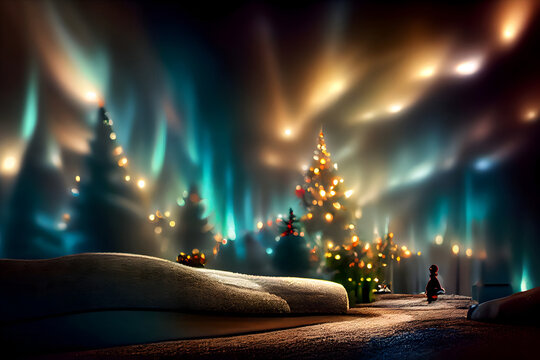 night christmas trees with northern lights, focus on foreground, neural network generated art