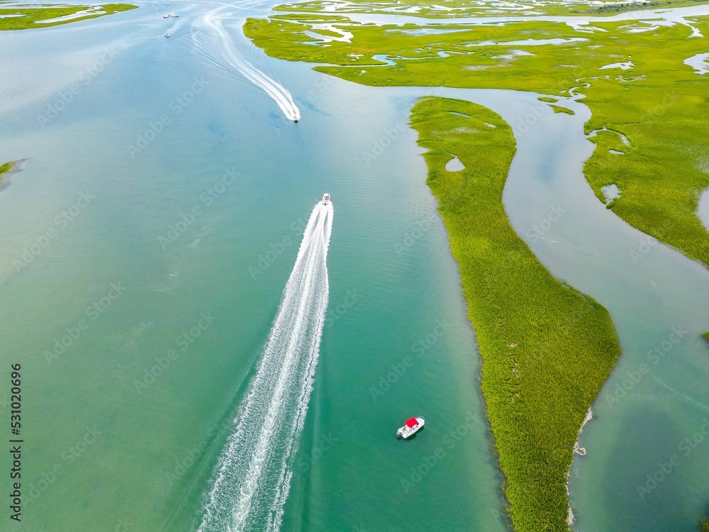 Poster Aerial view of boats along coastal North Carolina