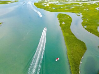 Aerial view of boats along coastal North Carolina