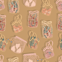 mesh bags with vegetables for salad, carrots, beets, celery, chili peppers and tomatoes for eco friendly living vector seamless pattern. Fashion buyer of the Vegan Zero Waste concept. Colorful hand dr
