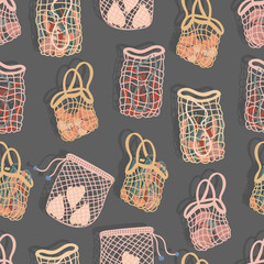 mesh bags with vegetables for salad, carrots, beets, celery, chili peppers and tomatoes for eco friendly living vector seamless pattern. Fashion buyer of the Vegan Zero Waste concept. Colorful hand dr
