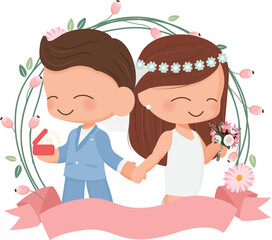 cute wedding couple in flower wreath flat style for valentine's day or wedding card