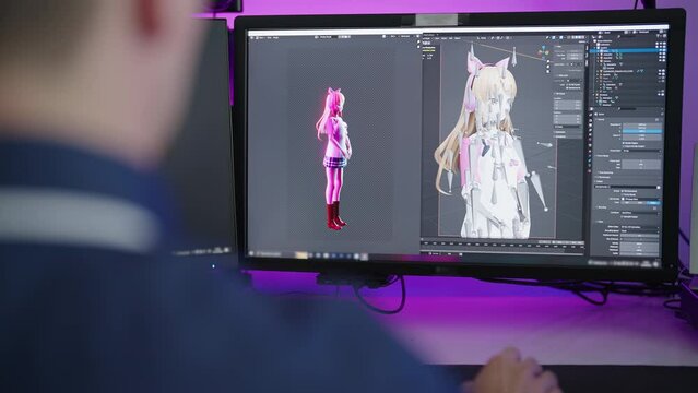 Male artist designing 3D anime girl waifu on computer monitor 4K