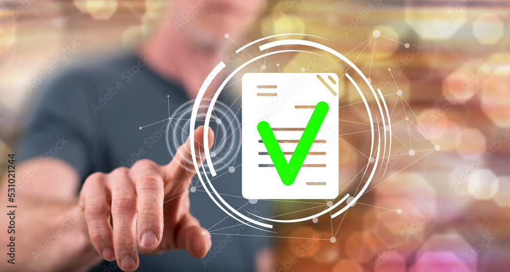 Wall mural man touching a document validation concept