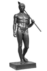 Ancient naked strong man sculpture. Young male athlete with spear statue isolated on white background