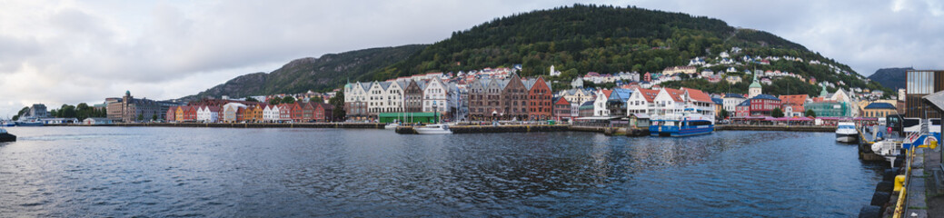 Fototapeta na wymiar Panorama of the famous Bryggen in Bergen, Norway. World UNESCO heritage site.