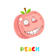 Cute fruit collection, one of them peach. Cartoon character for your food design. Healthy food concept. Vegan, vegetarian and diet, sport food. Smoothies and juices, jams.