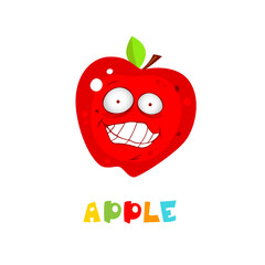 Cute fruit collection, one of them apple. Cartoon character for your food design. Healthy food concept. Vegan, vegetarian and diet, sport food. Smoothies and juices, jams.