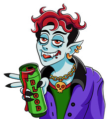 Stylish happy vampire with a blood can. Halloween illustration. Cartoon monster character
