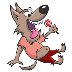 Werewolf cartoon character. Halloween illustration. Halloween monster sticker. Funny happy werewolf holding lollipop in hand