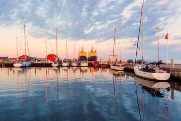 Small Harbor of Hals, Denmark around Sunset. Hals is a small town on the east coast of the Jutland...