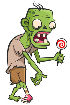 Zombie cartoon character. Halloween illustration. Halloween monster sticker. Funny zombie holding lollipop in hand