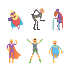 Funny Elderly Man Superhero Wearing Suit and Cape Vector Set