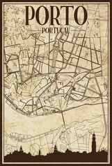 Brown printout streets network map with city skyline of the downtown PORTO, PORTUGAL on a vintage paper framed background