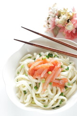 Japanese food, raw squid and Mentaiko sauce on cold Udon noodles for Sumer food image 