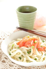 Japanese food, raw squid and Mentaiko sauce on cold Udon noodles for Sumer food image 