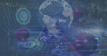 Image of data processing over clock and globe