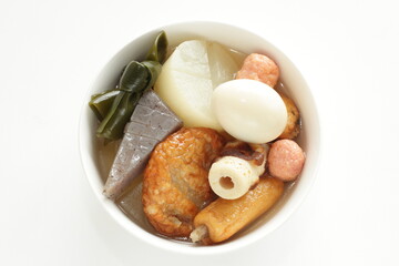 Homemade Japanese winer comfort food, oden fish cake and radish simmered 