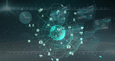 Image of data processing over clock and globe