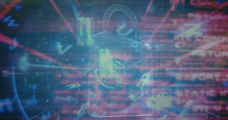 Image of padlock icon over data processing on black background
