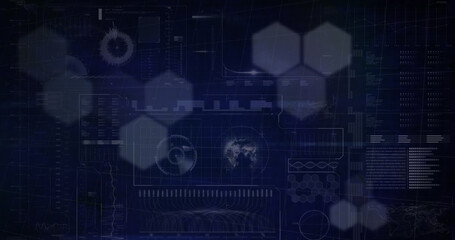 Image of hexagons over data processing on black background