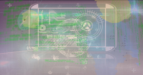Image of data processing over clock and globe