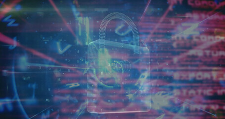 Image of padlock icon over data processing on black background