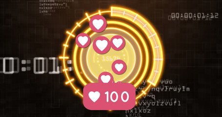 Image of social media icons with growing number and scope scanning over data processing