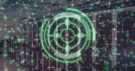 Image of scope scanning with icons and moving columns over server room