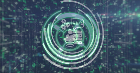 Image of scope scanning and icons over moving columns