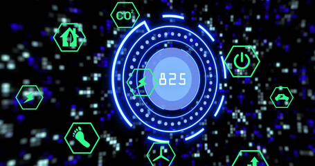 Image of scope scanning with data processing abd icons over moving columns