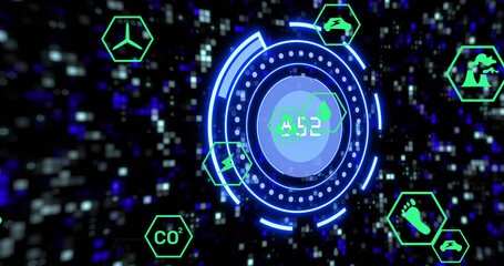 Image of scope scanning with data processing abd icons over moving columns