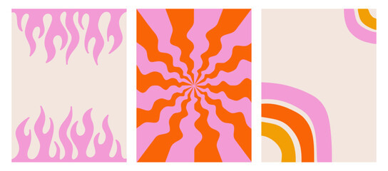 Fototapeta na wymiar A set of colorful backgrounds in y2k style. Wavy pattern, tribal flame and abstract rainbow. Modern retro templates. Vector illustration for posters, invitations, labels, covers, postcards